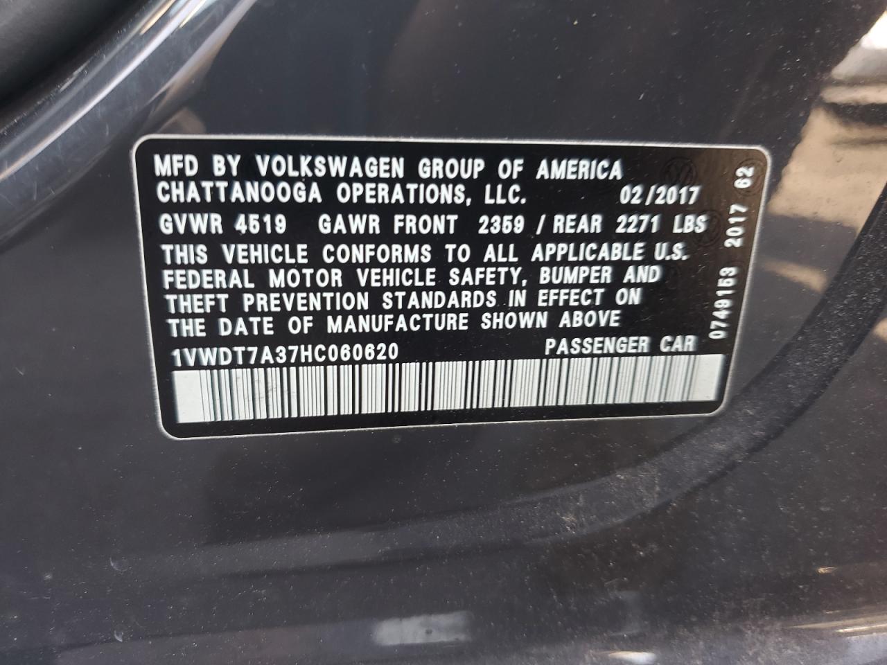 2017 Volkswagen Passat R-Line VIN: 1VWDT7A37HC060620 Lot: 81500405