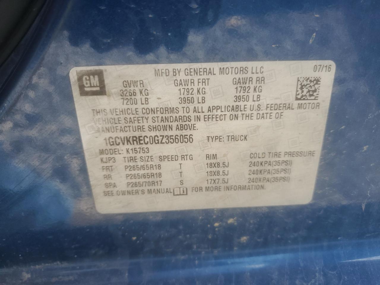 2016 Chevrolet Silverado K1500 Lt VIN: 1GCVKREC0GZ356056 Lot: 81260185