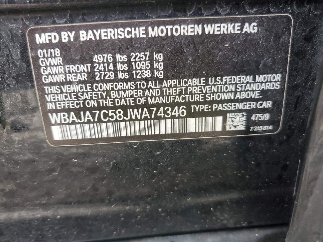 2018 BMW 530 Xi VIN: WBAJA7C58JWA74346 Lot: 70560775