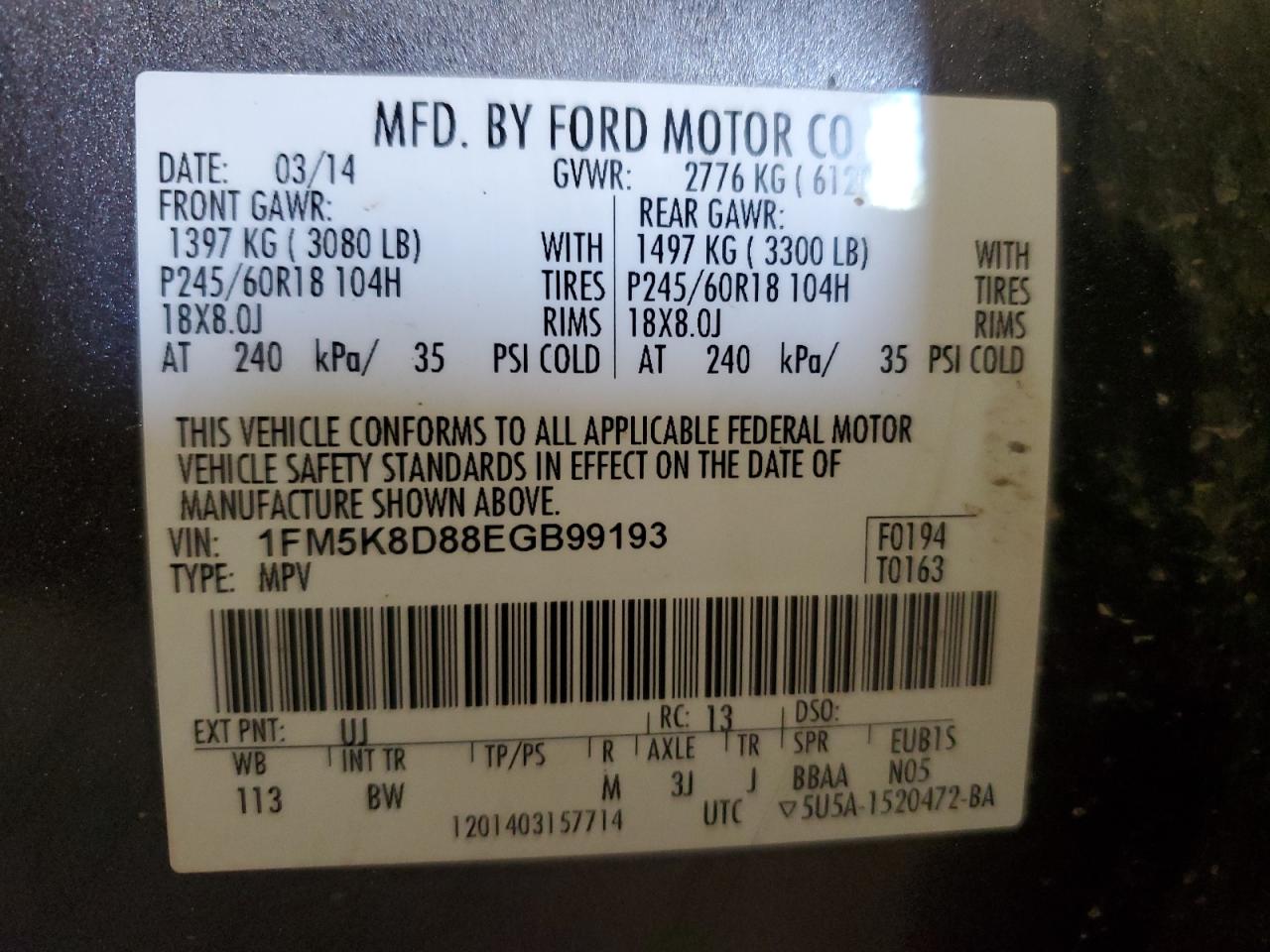 2014 Ford Explorer Xlt VIN: 1FM5K8D88EGB99193 Lot: 80665015