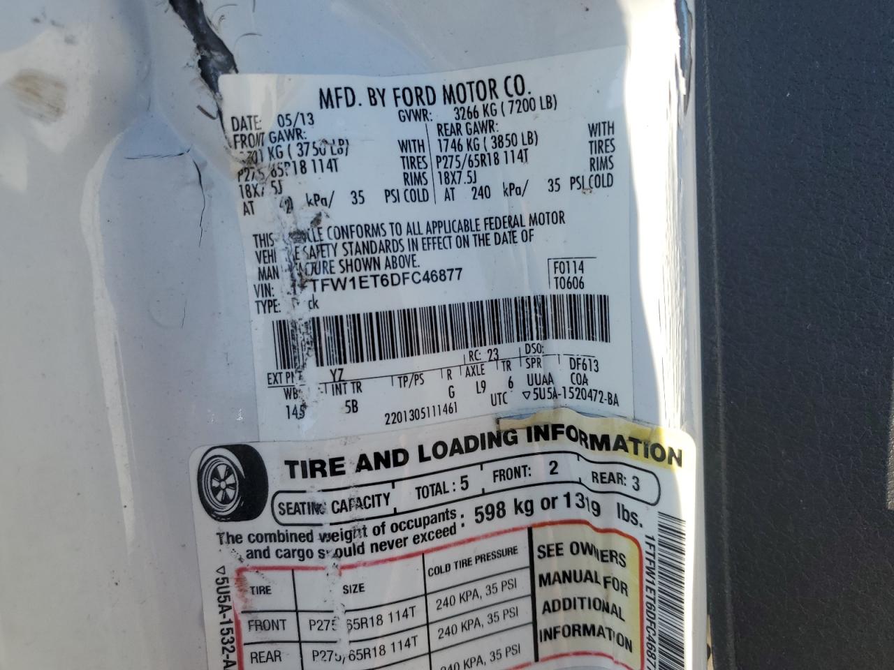 2013 Ford F150 Supercrew VIN: 1FTFW1ET6DFC46877 Lot: 84239025