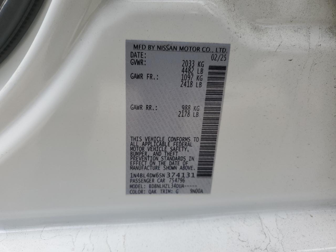 2025 Nissan Altima Sv VIN: 1N4BL4DW6SN374131 Lot: 84627825