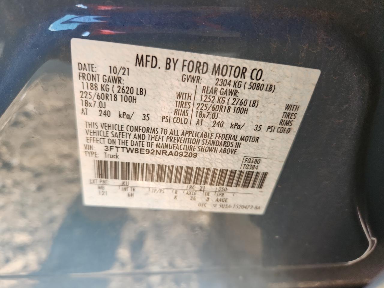 2022 Ford Maverick Xl VIN: 3FTTW8E92NRA09209 Lot: 80817855