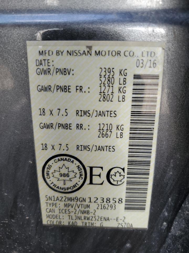 2016 Nissan Murano S VIN: 5N1AZ2MH9GN123858 Lot: 83995825
