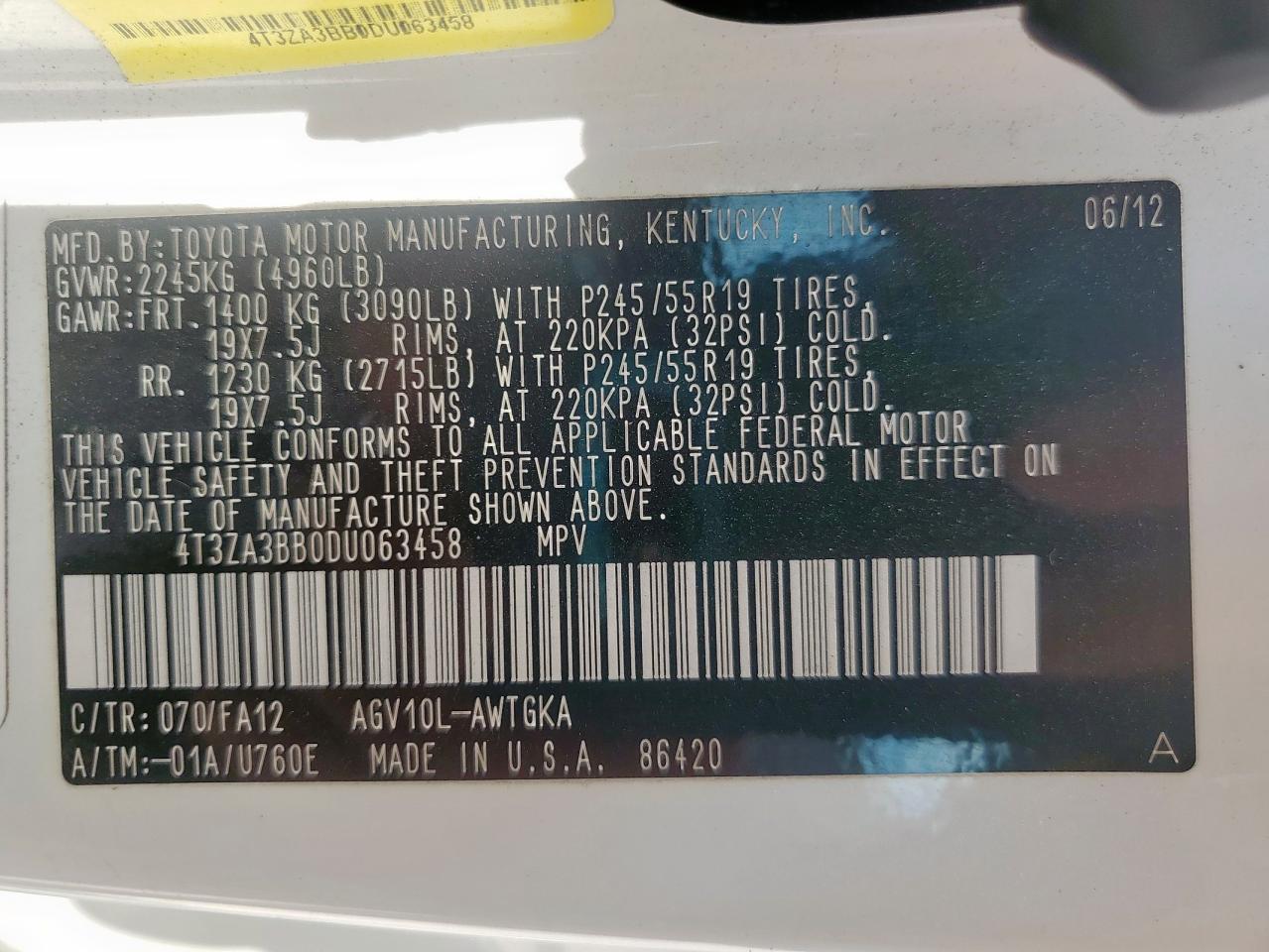 2013 Toyota Venza Le VIN: 4T3ZA3BB0DU063458 Lot: 80835945