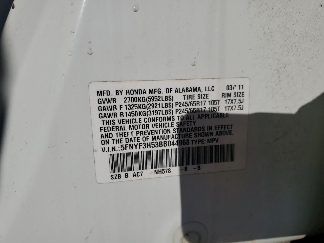2011 Honda Pilot Exl VIN: 5FNYF3H53BB044968 Lot: 84244425