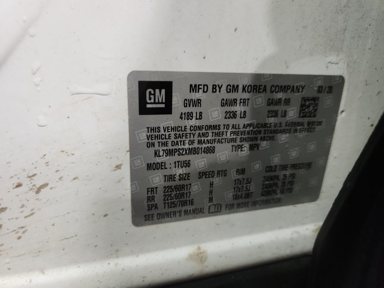 2021 Chevrolet Trailblazer Lt VIN: KL79MPS2XMB014868 Lot: 71732005