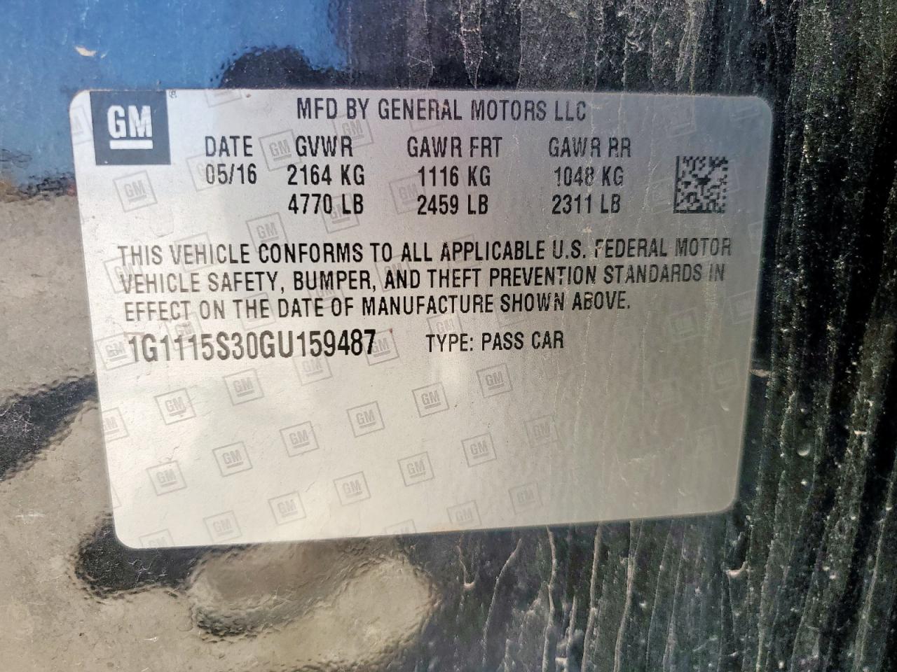 2016 Chevrolet Impala Lt VIN: 1G1115S30GU159487 Lot: 72078635