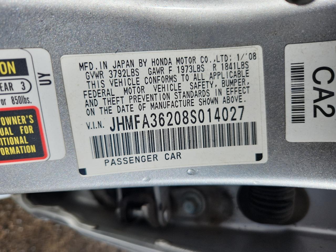 2008 Honda Civic Hybrid VIN: JHMFA36208S014027 Lot: 84464965