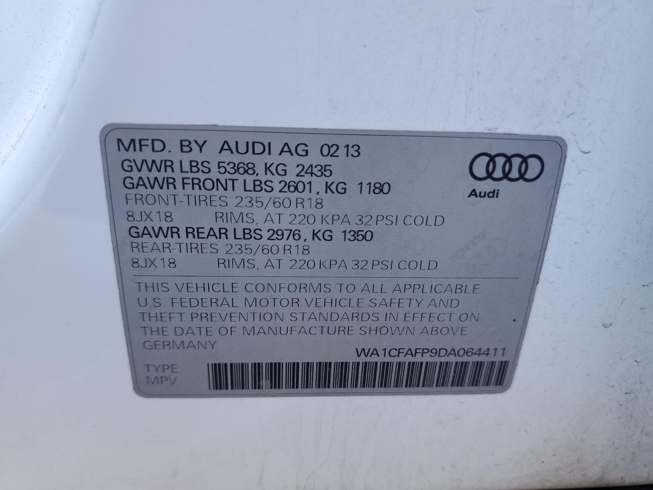 2013 Audi Q5 Premium VIN: WA1CFAFP9DA064411 Lot: 81336805