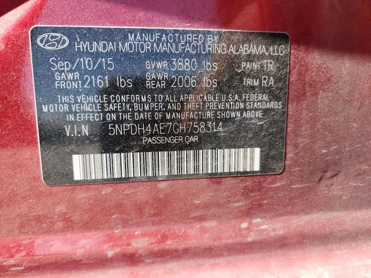 2016 Hyundai Elantra Se VIN: 5NPDH4AE7GH758314 Lot: 80529475