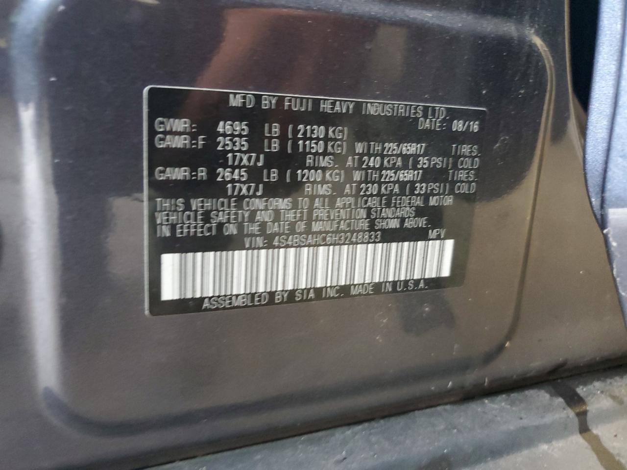 2017 Subaru Outback 2.5I Premium VIN: 4S4BSAHC6H3248833 Lot: 84531435