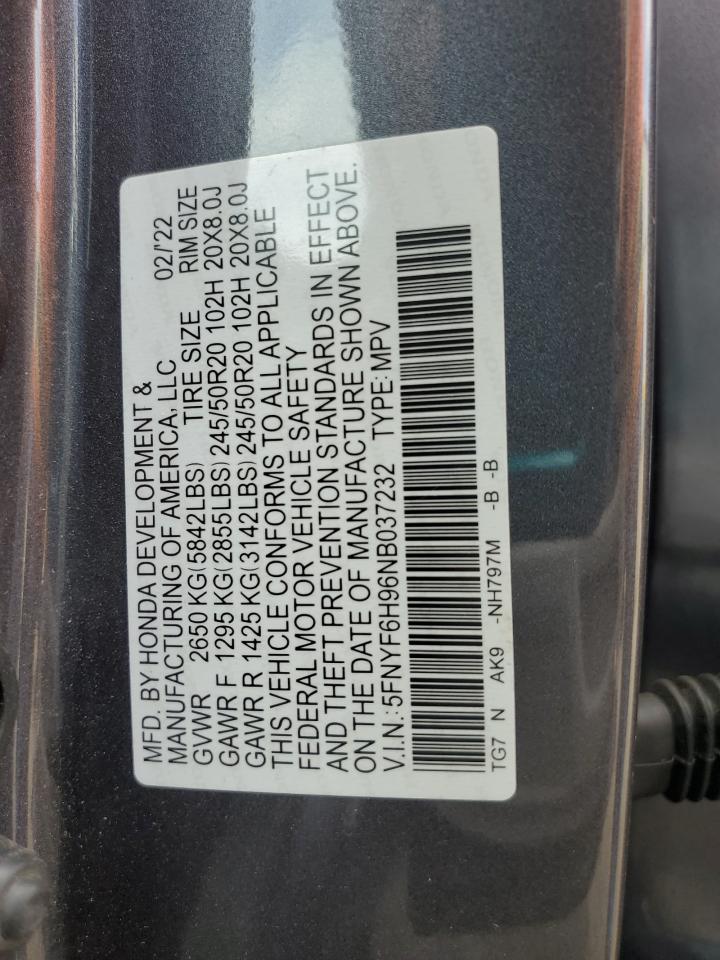 2022 Honda Pilot Touring VIN: 5FNYF6H96NB037232 Lot: 81454005