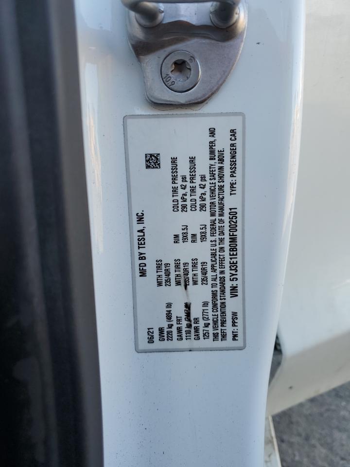 2021 Tesla Model 3 VIN: 5YJ3E1EB0MF002501 Lot: 80330125