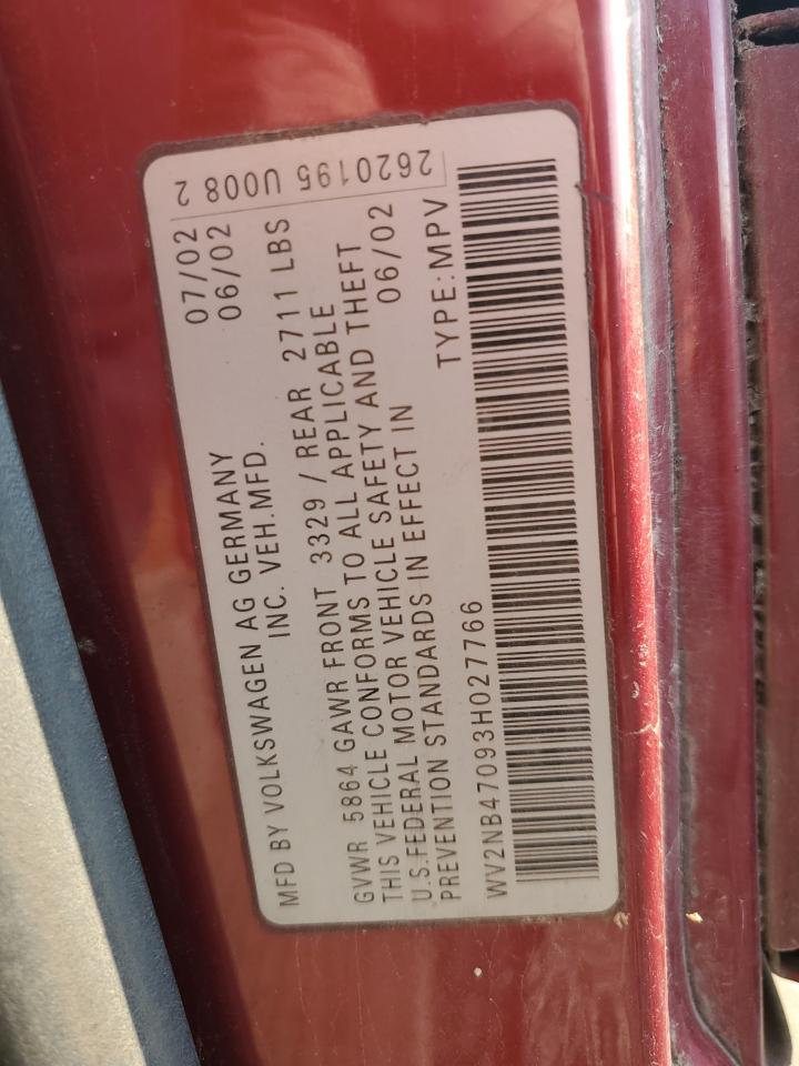 2003 Volkswagen Eurovan Mv VIN: WV2NB47093H027766 Lot: 83784065