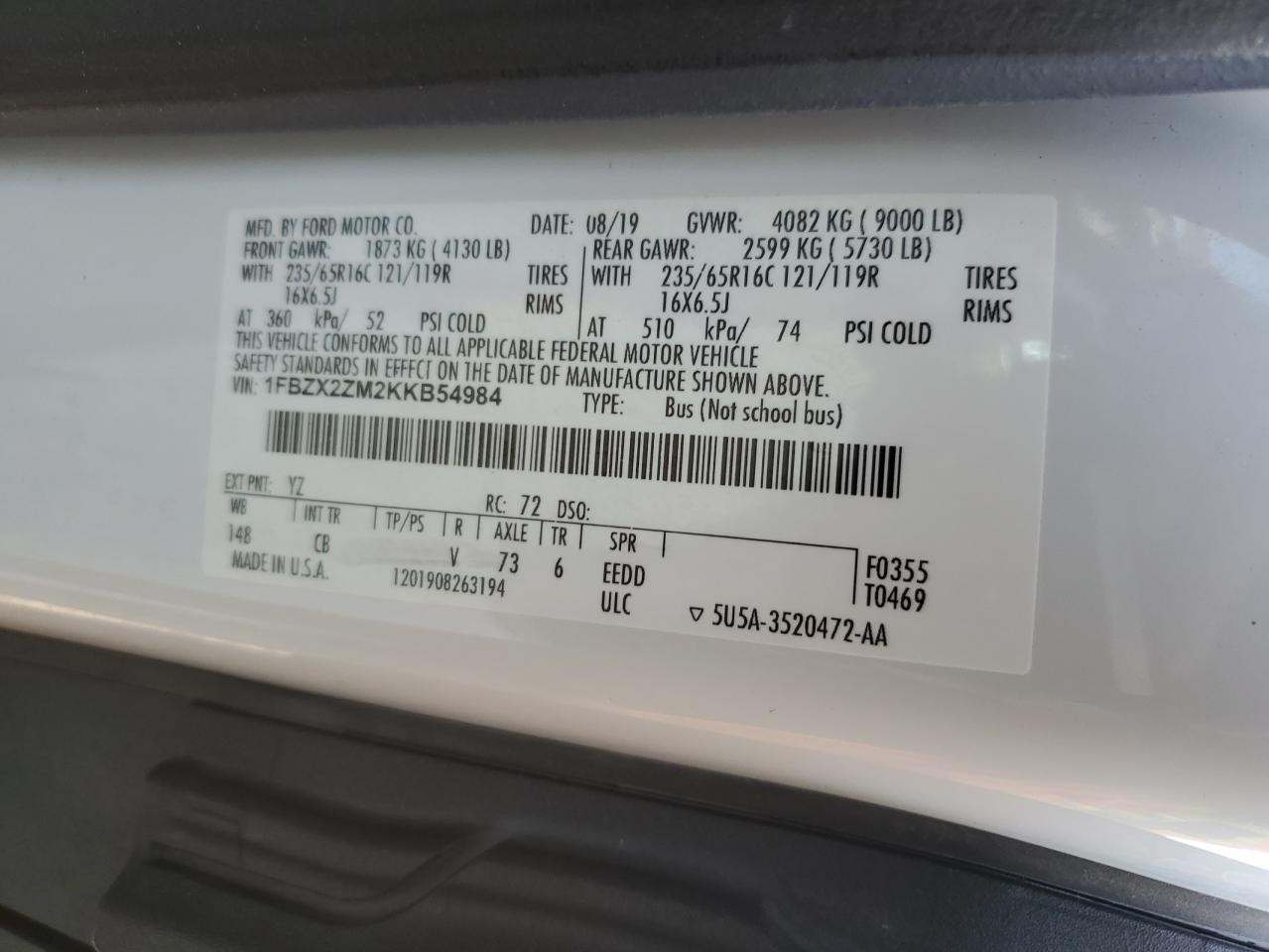 2019 Ford Transit T-350 VIN: 1FBZX2ZM2KKB54984 Lot: 81417145