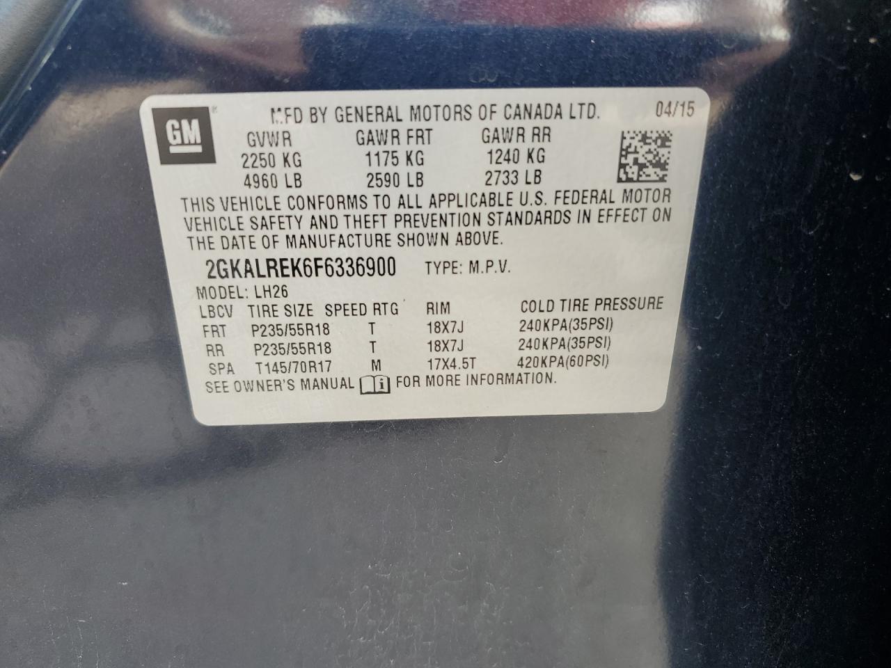 2015 GMC Terrain Sle VIN: 2GKALREK6F6336900 Lot: 81800025