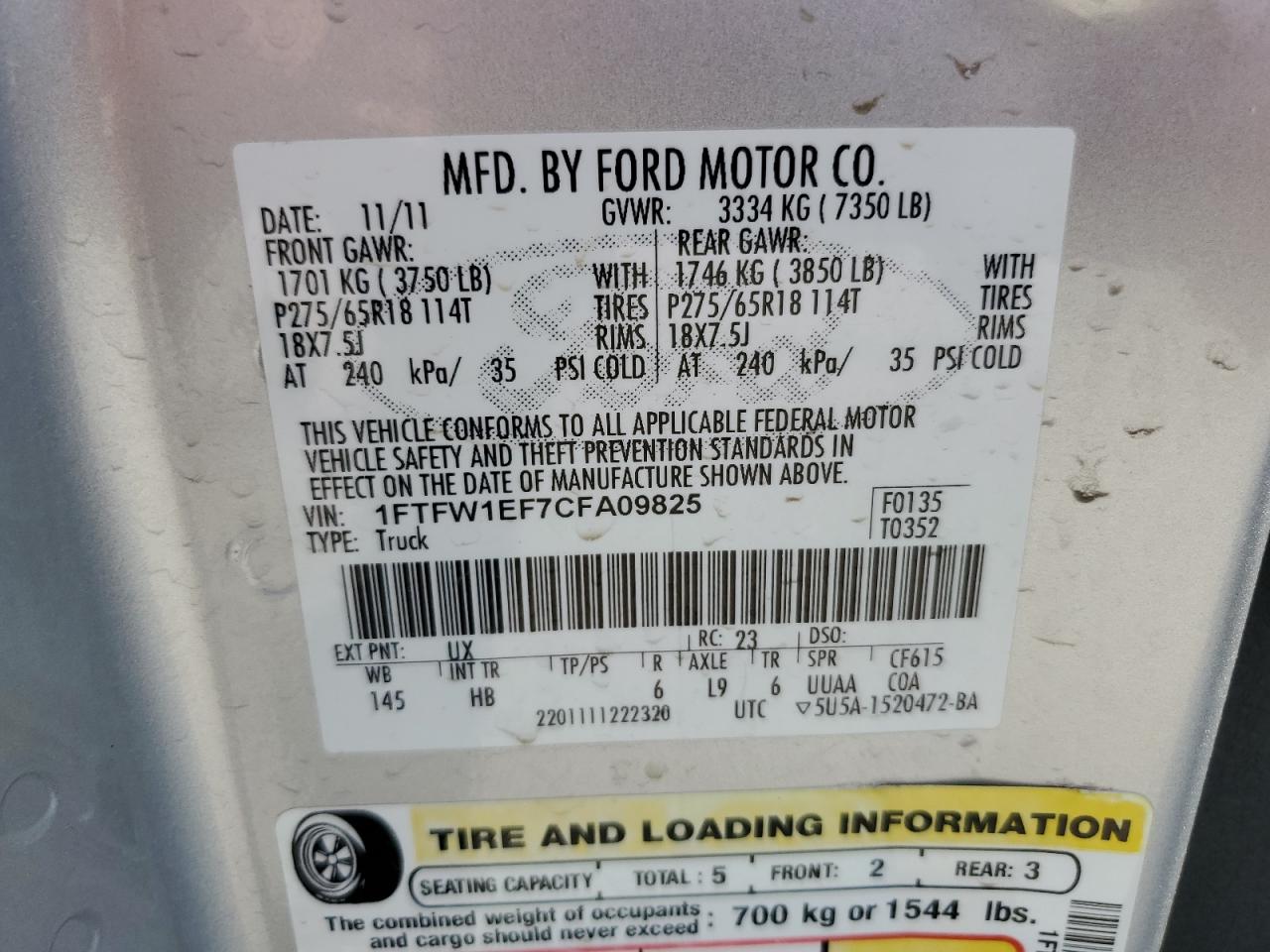 2012 Ford F150 Supercrew VIN: 1FTFW1EF7CFA09825 Lot: 81321495