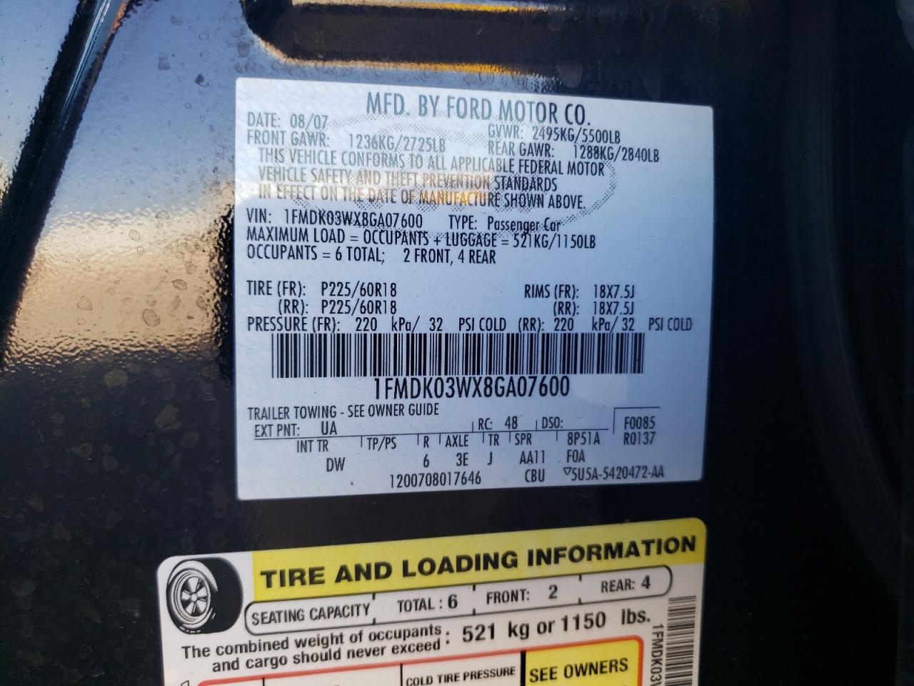 2008 Ford Taurus X Limited VIN: 1FMDK03WX8GA07600 Lot: 81901255