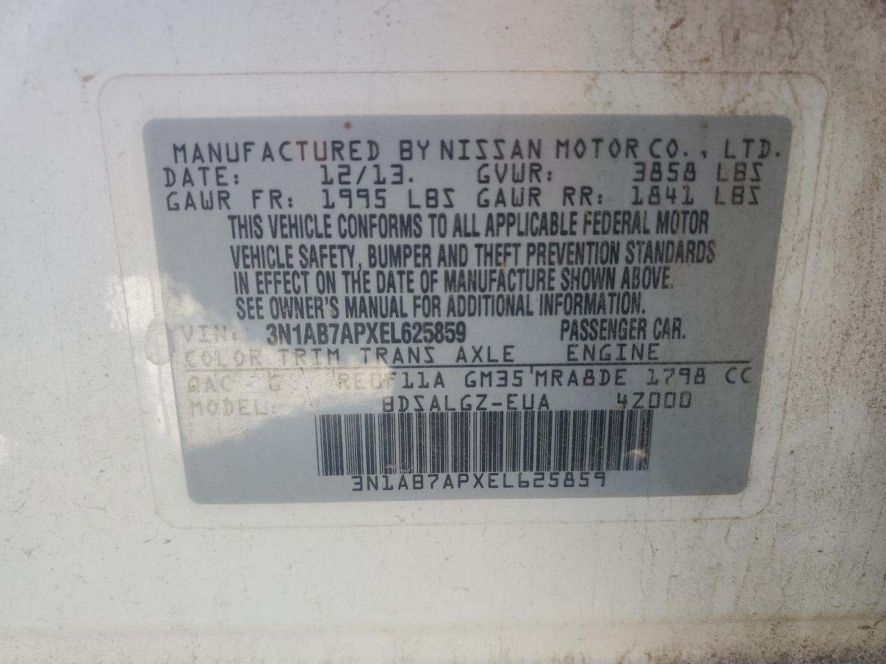 2014 Nissan Sentra S VIN: 3N1AB7APXEL625859 Lot: 81682285