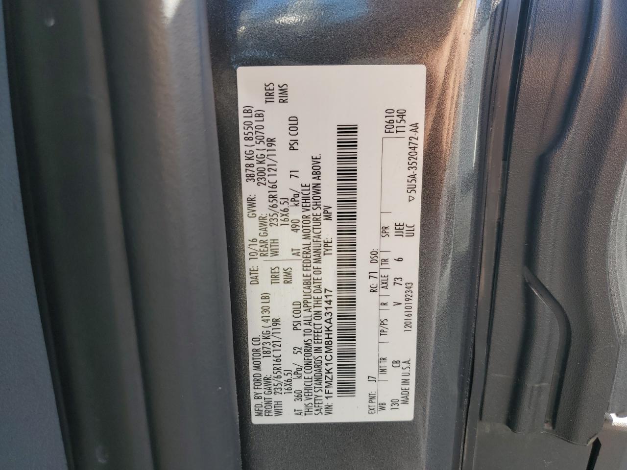 2017 Ford Transit T-150 VIN: 1FMZK1CM8HKA31417 Lot: 80060055