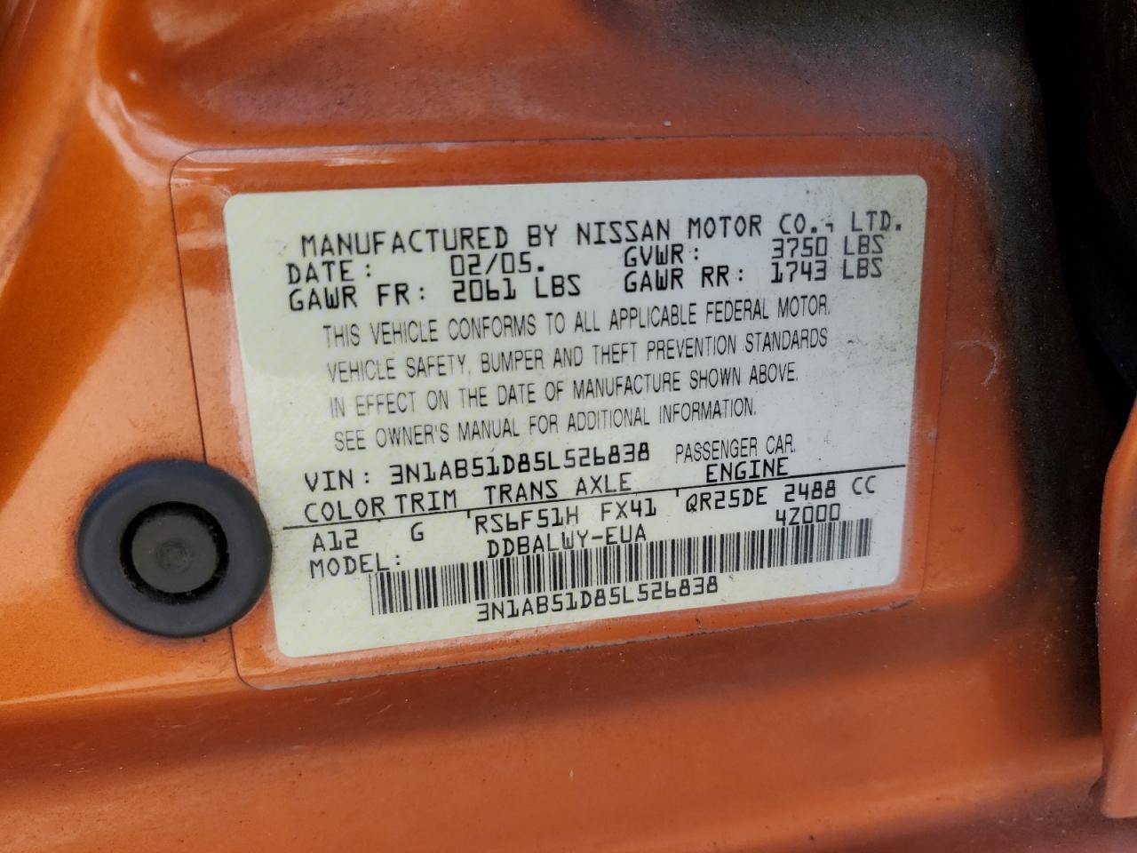 2005 Nissan Sentra Se-R Spec V VIN: 3N1AB51D85L526838 Lot: 81632125