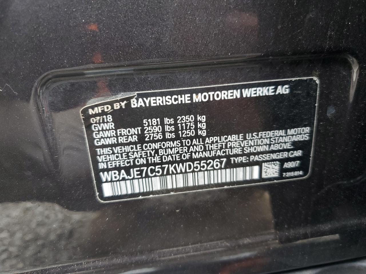 2019 BMW 540 Xi VIN: WBAJE7C57KWD55267 Lot: 80797175