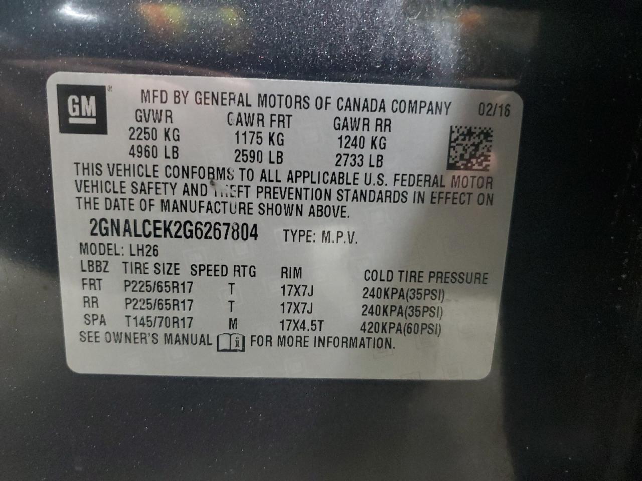 2016 Chevrolet Equinox Lt VIN: 2GNALCEK2G6267804 Lot: 80703555