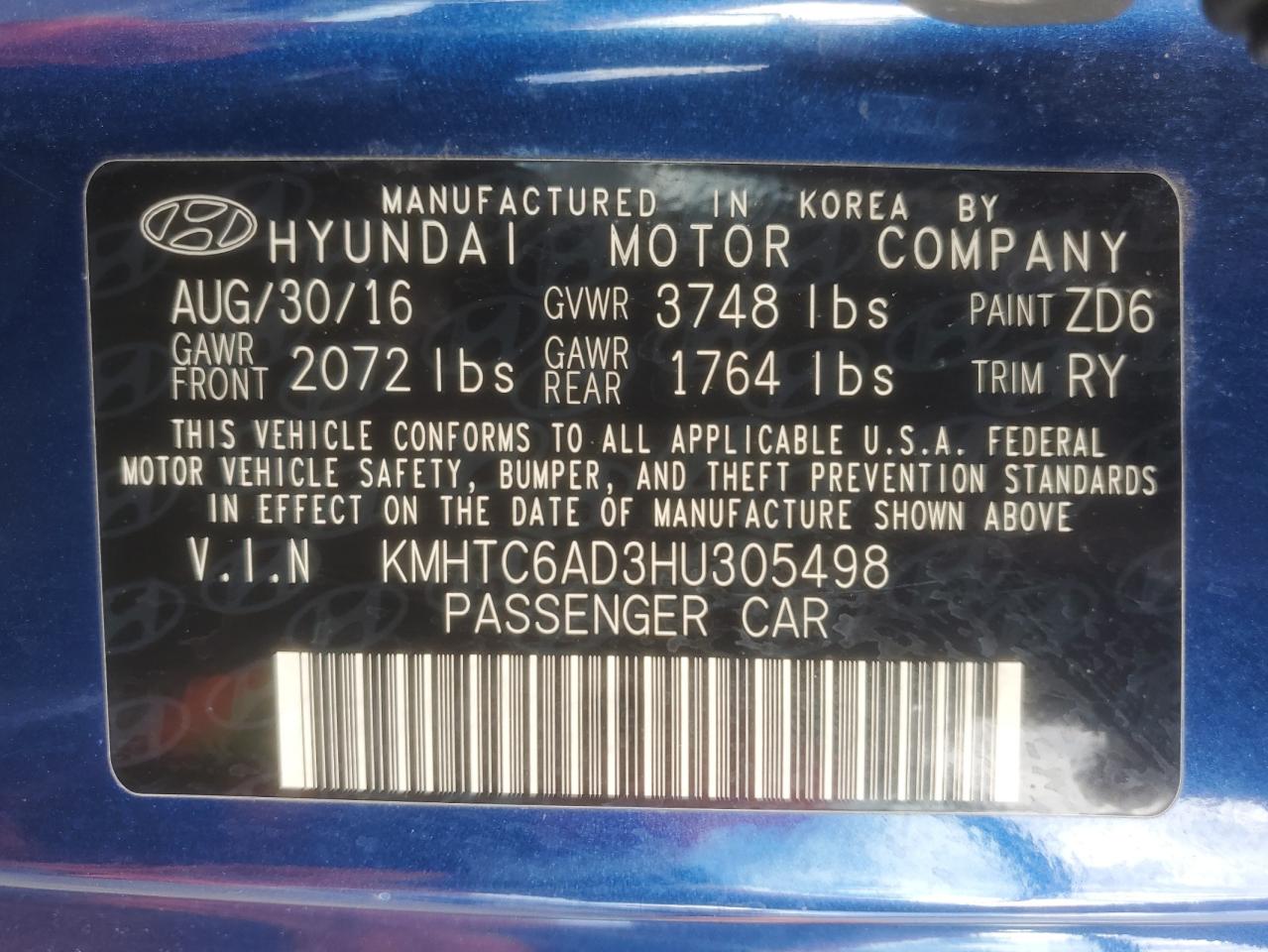 2017 Hyundai Veloster VIN: KMHTC6AD3HU305498 Lot: 81031795