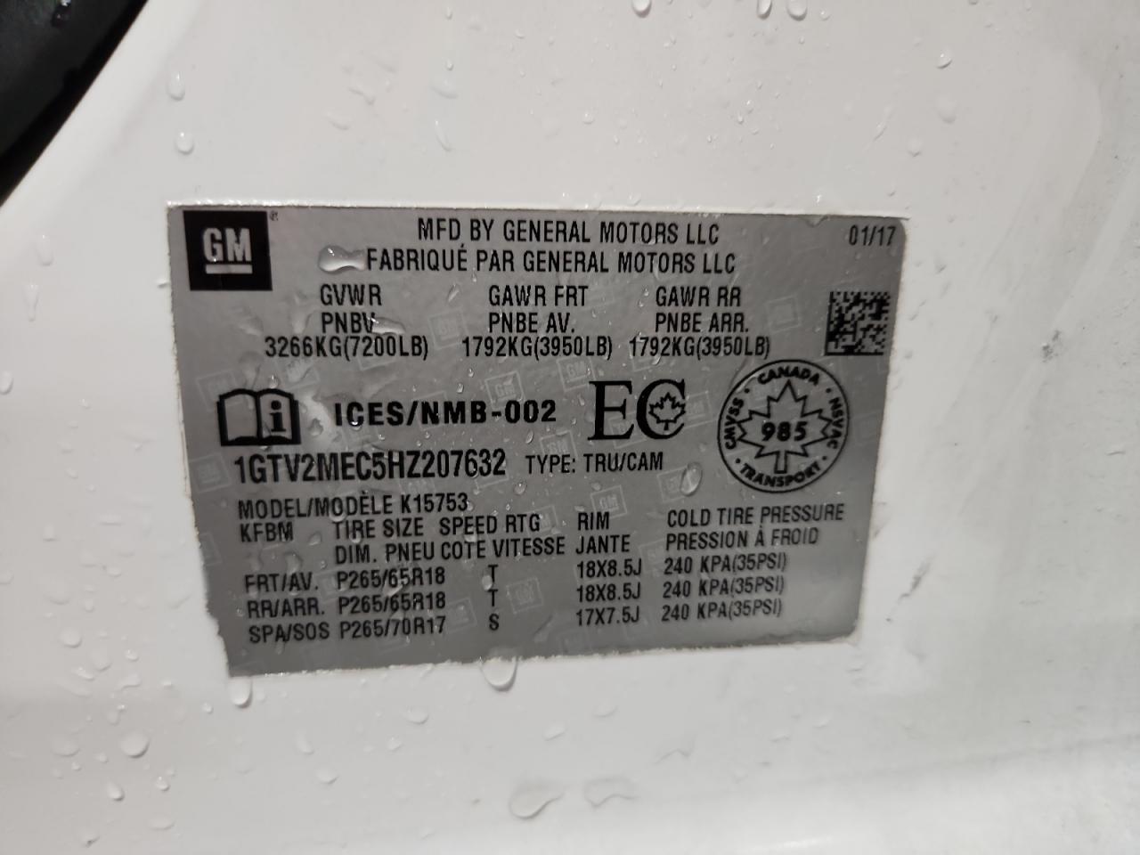 2017 GMC Sierra K1500 Sle VIN: 1GTV2MEC5HZ207632 Lot: 72082695