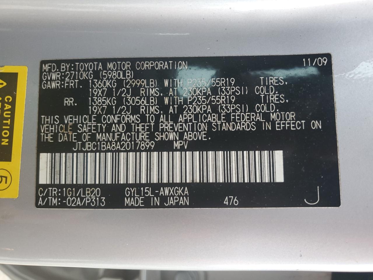 2010 Lexus Rx 450H VIN: JTJBC1BA8A2017899 Lot: 81883035