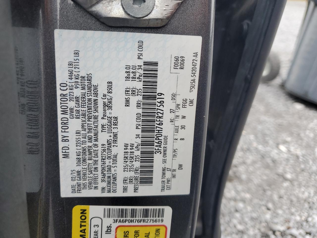 2015 Ford Fusion Se VIN: 3FA6P0H76FR275619 Lot: 81948565