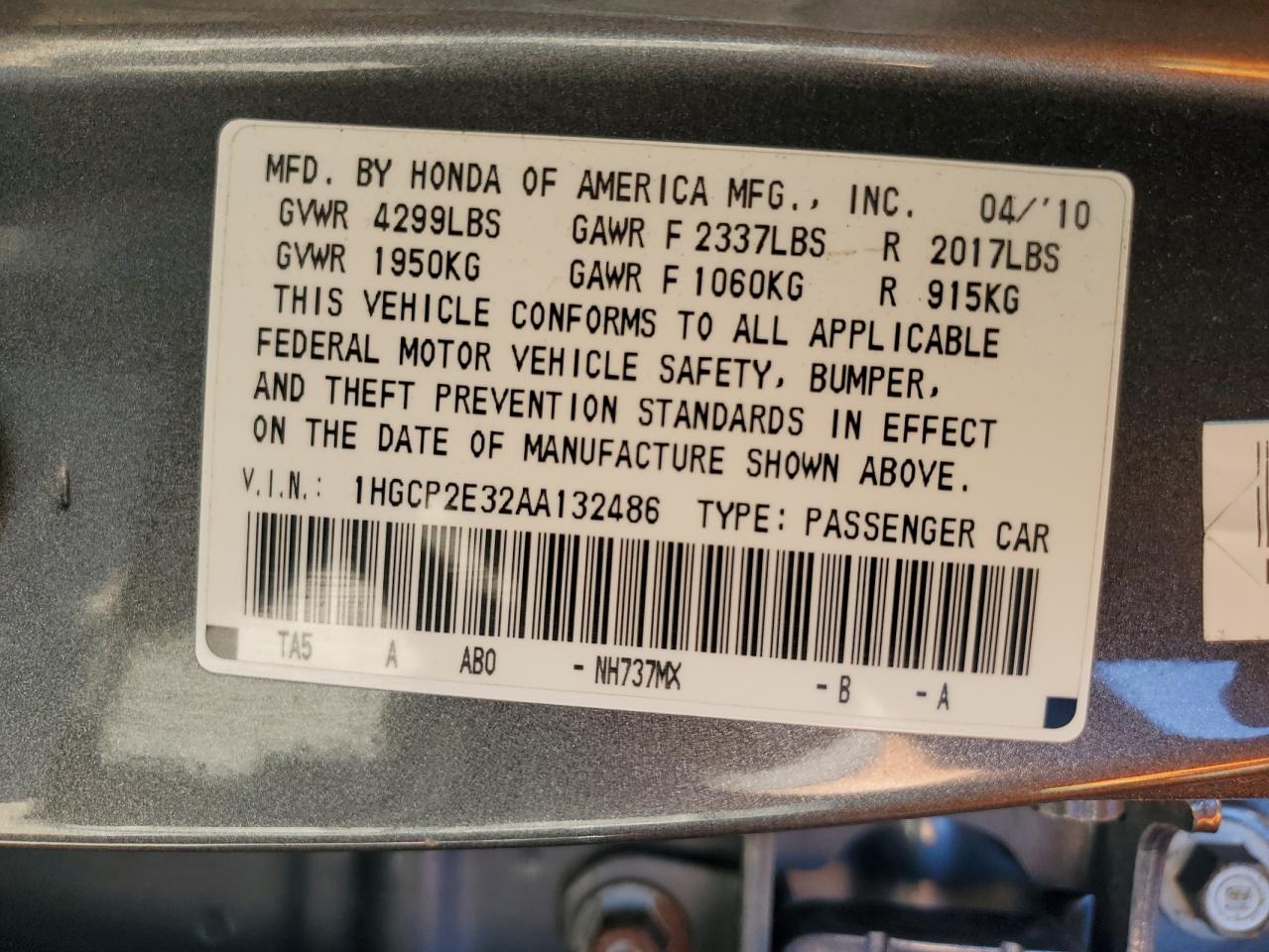 2010 Honda Accord Lx VIN: 1HGCP2E32AA132486 Lot: 80330845