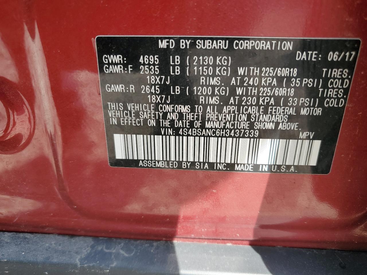 2017 Subaru Outback 2.5I Limited VIN: 4S4BSANC6H3437339 Lot: 84413085