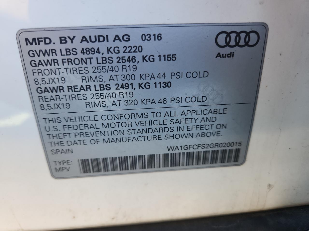 2016 Audi Q3 Prestige VIN: WA1GFCFS2GR020015 Lot: 82089505