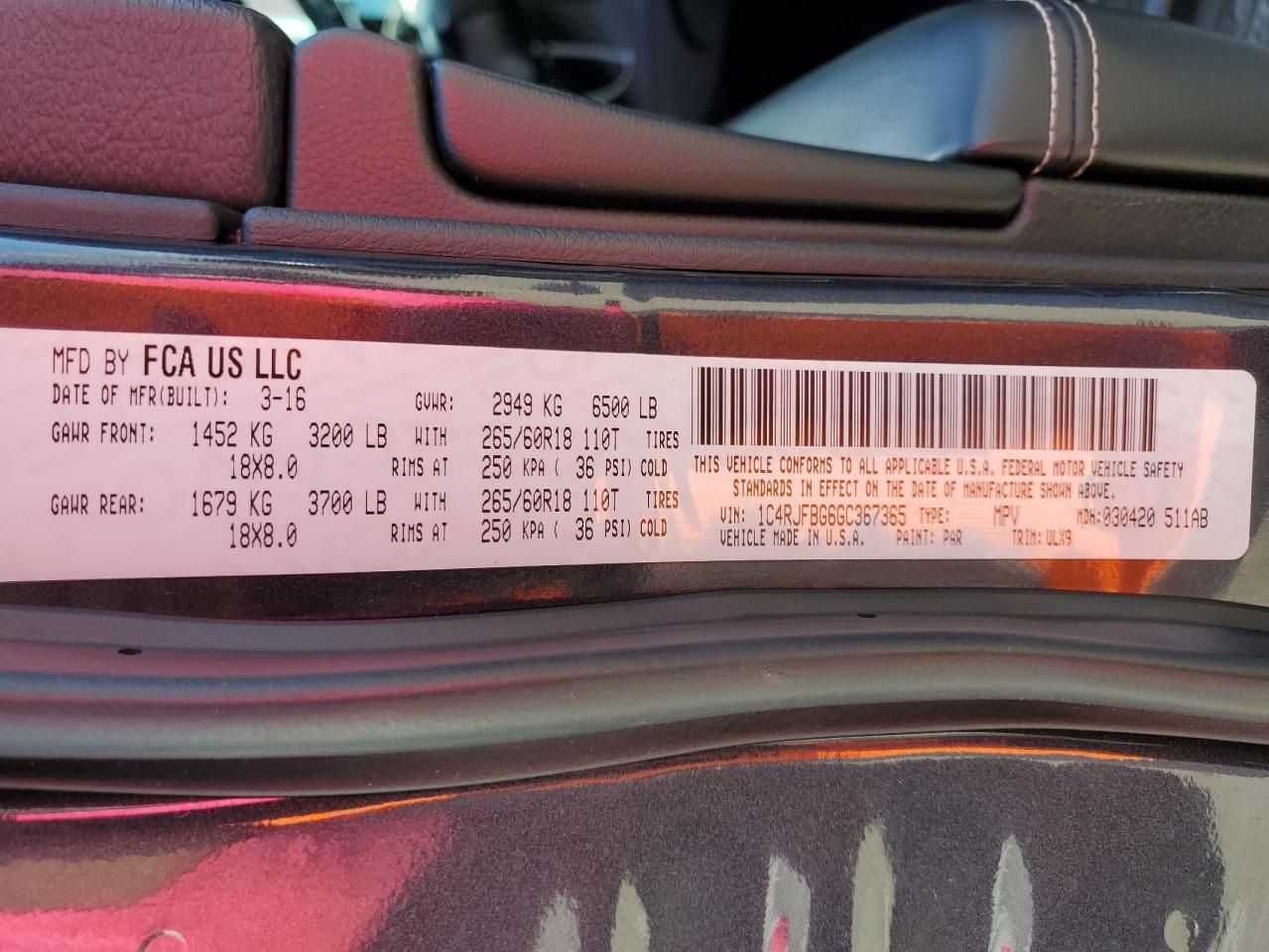 2016 Jeep Grand Cherokee Limited VIN: 1C4RJFBG6GC367365 Lot: 81855605