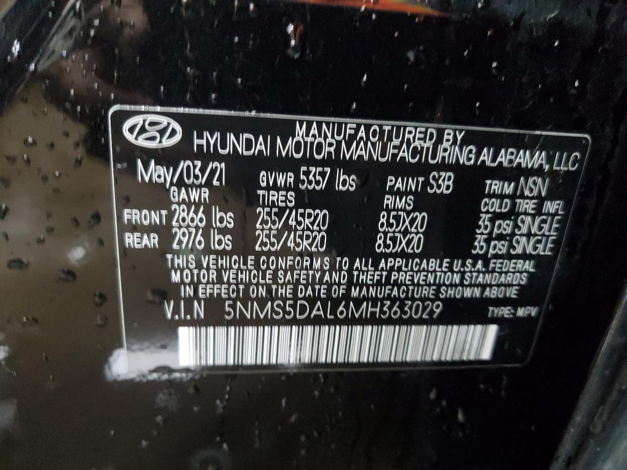 2021 Hyundai Santa Fe Calligraphy VIN: 5NMS5DAL6MH363029 Lot: 71871375