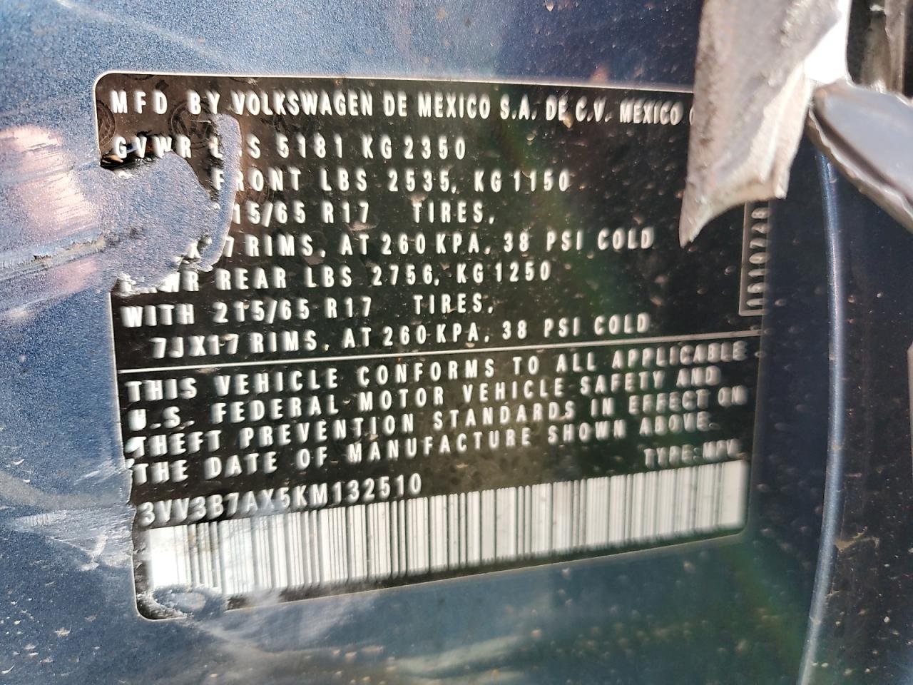 2019 Volkswagen Tiguan Se VIN: 3VV3B7AX5KM132510 Lot: 81088515