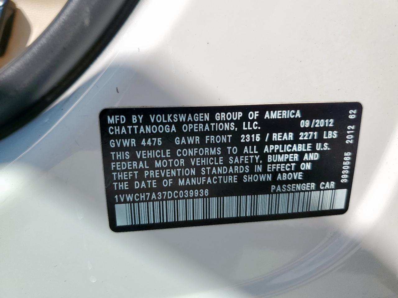 2013 Volkswagen Passat Sel VIN: 1VWCH7A37DC039936 Lot: 80224145