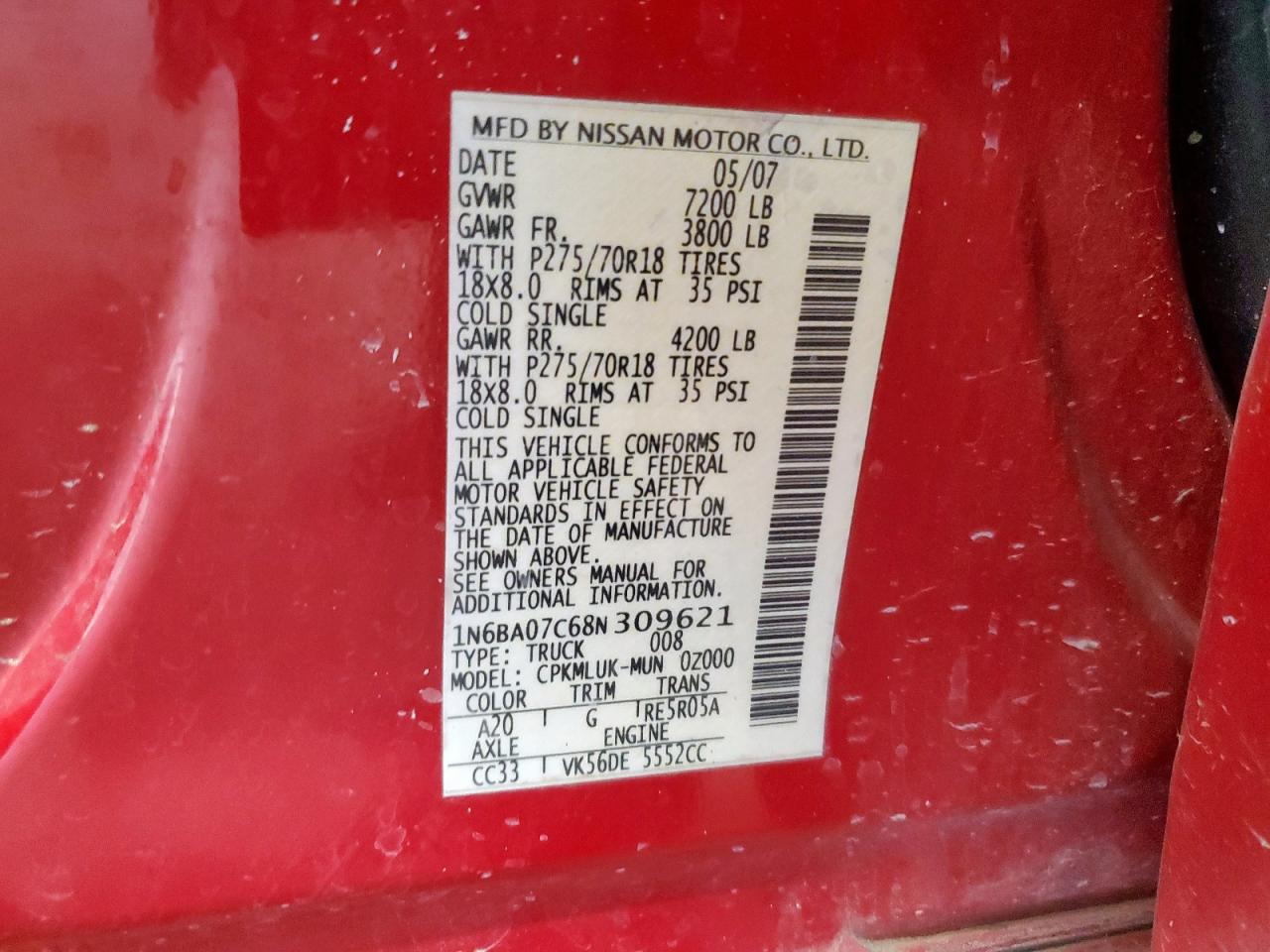 2008 Nissan Titan Xe VIN: 1N6BA07C68N309621 Lot: 71696115
