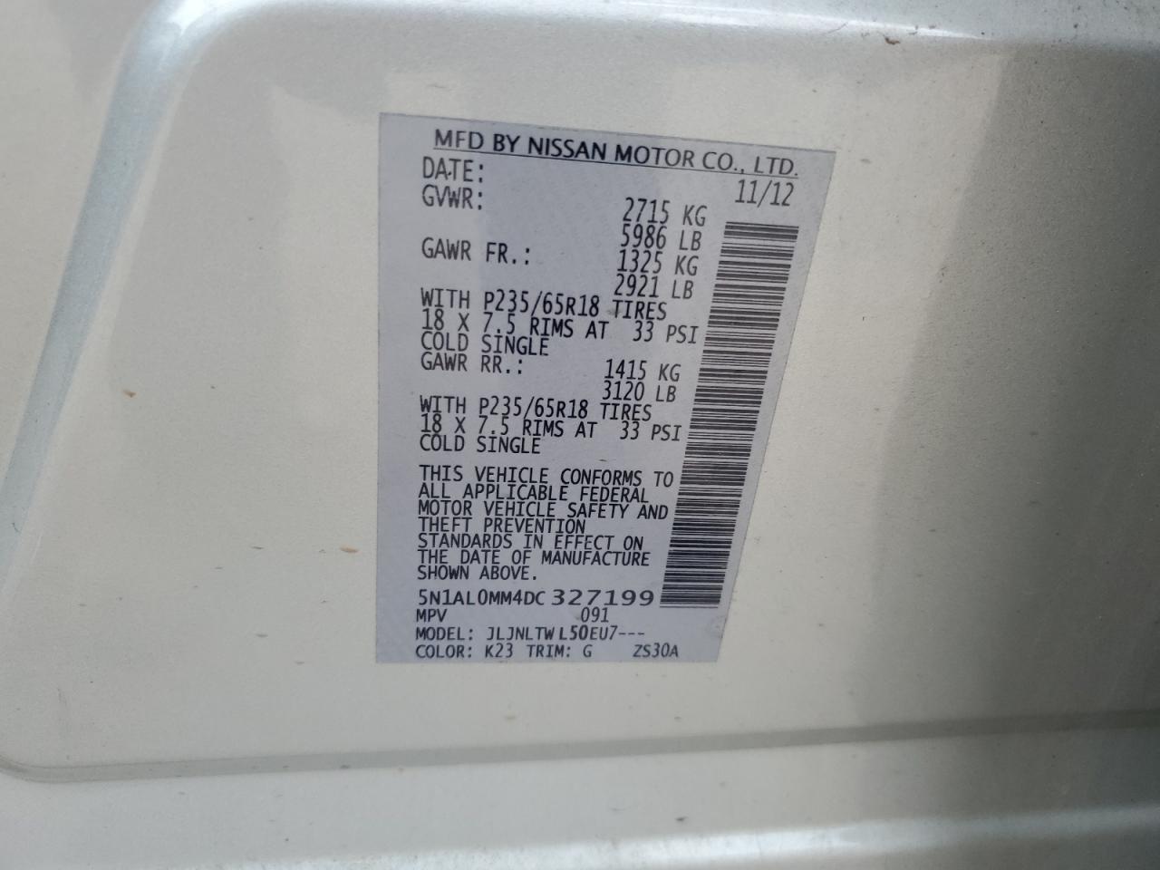 2013 Infiniti Jx35 VIN: 5N1AL0MM4DC327199 Lot: 81916115