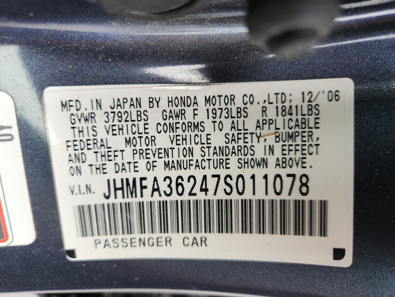2007 Honda Civic Hybrid VIN: JHMFA36247S011078 Lot: 80618055