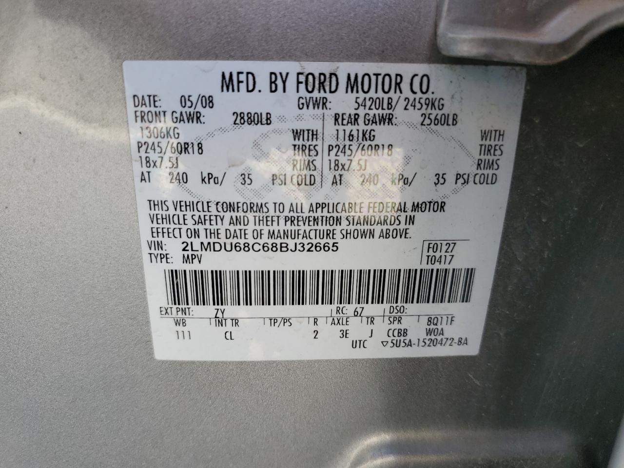 2008 Lincoln Mkx VIN: 2LMDU68C68BJ32665 Lot: 81907795