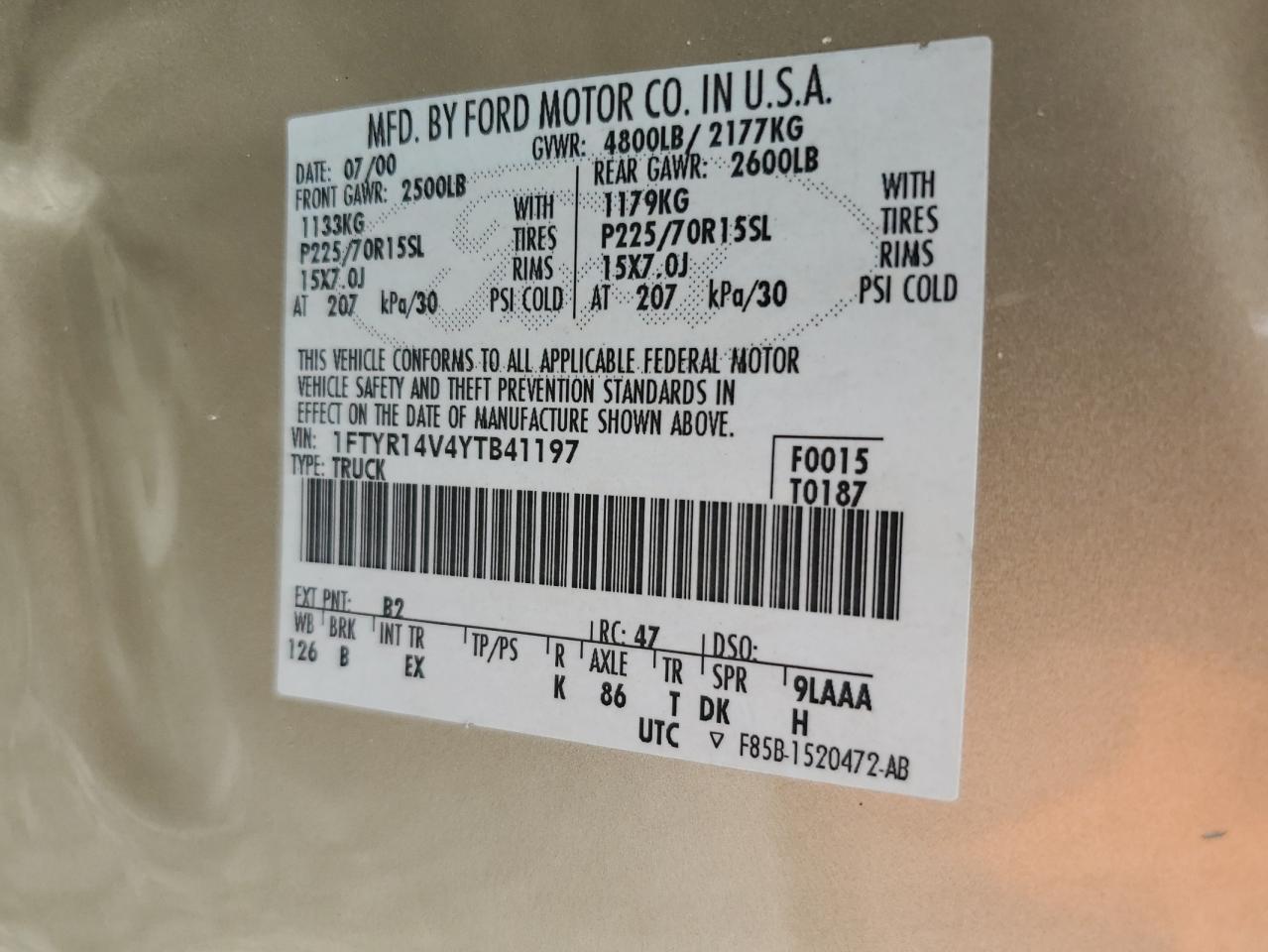 2000 Ford Ranger Super Cab VIN: 1FTYR14V4YTB41197 Lot: 81680615