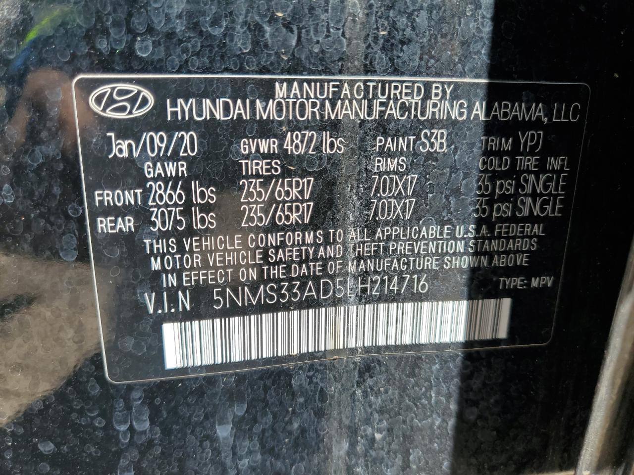 2020 Hyundai Santa Fe Sel VIN: 5NMS33AD5LH214716 Lot: 70843795