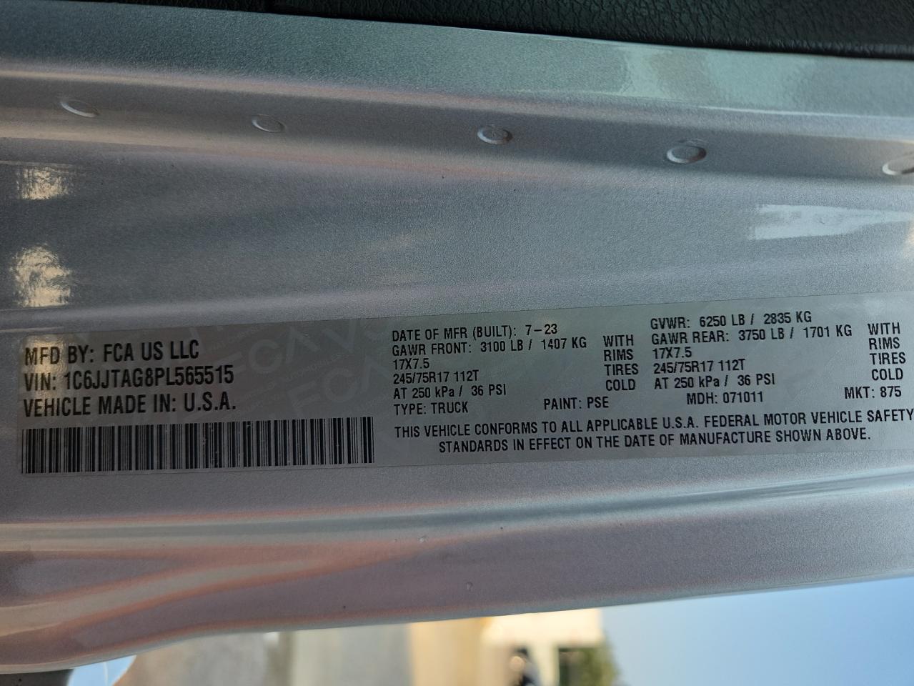 2023 Jeep Gladiator Sport VIN: 1C6JJTAG8PL565515 Lot: 81056715