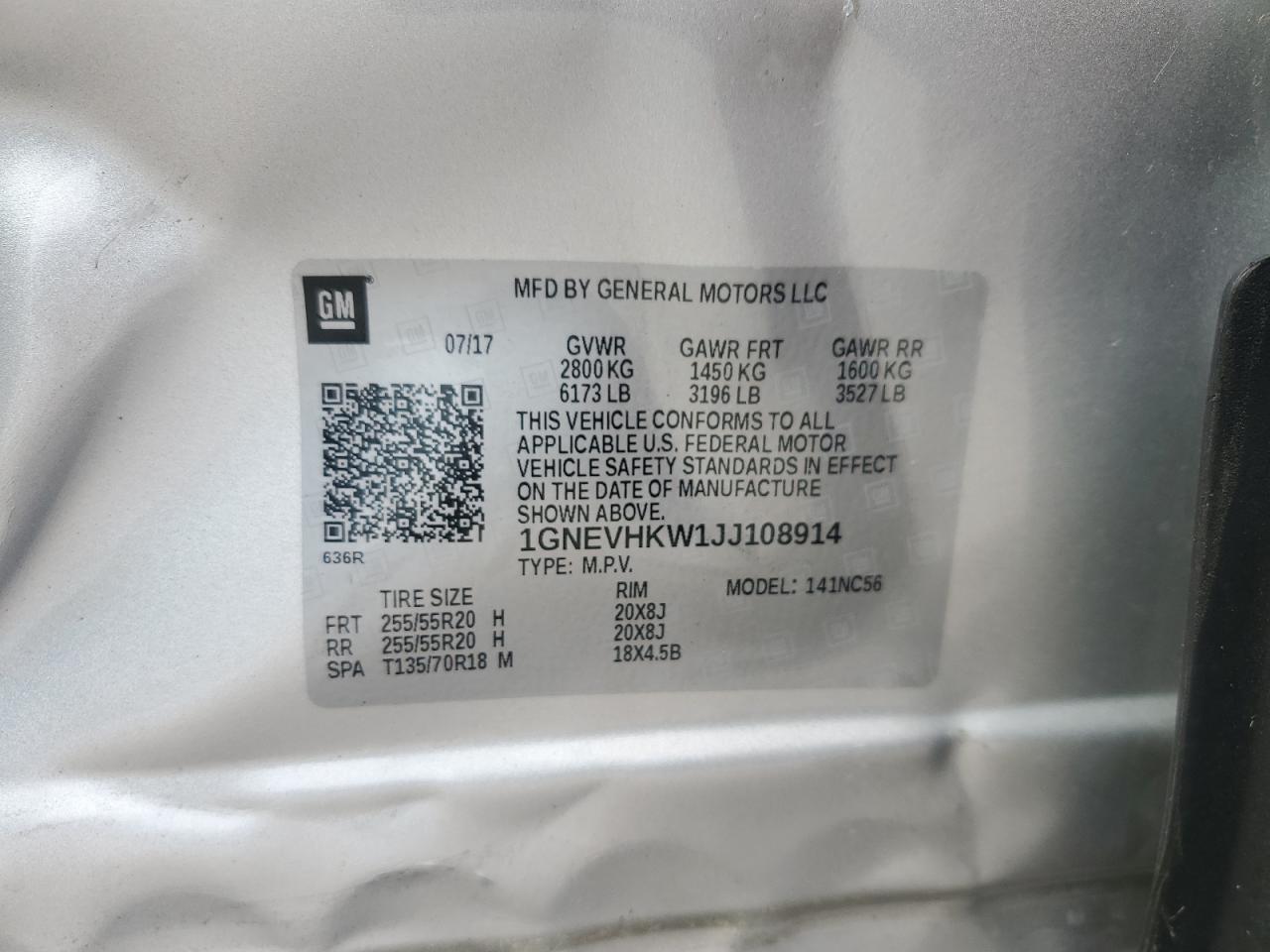 2018 Chevrolet Traverse Lt VIN: 1GNEVHKW1JJ108914 Lot: 80934845