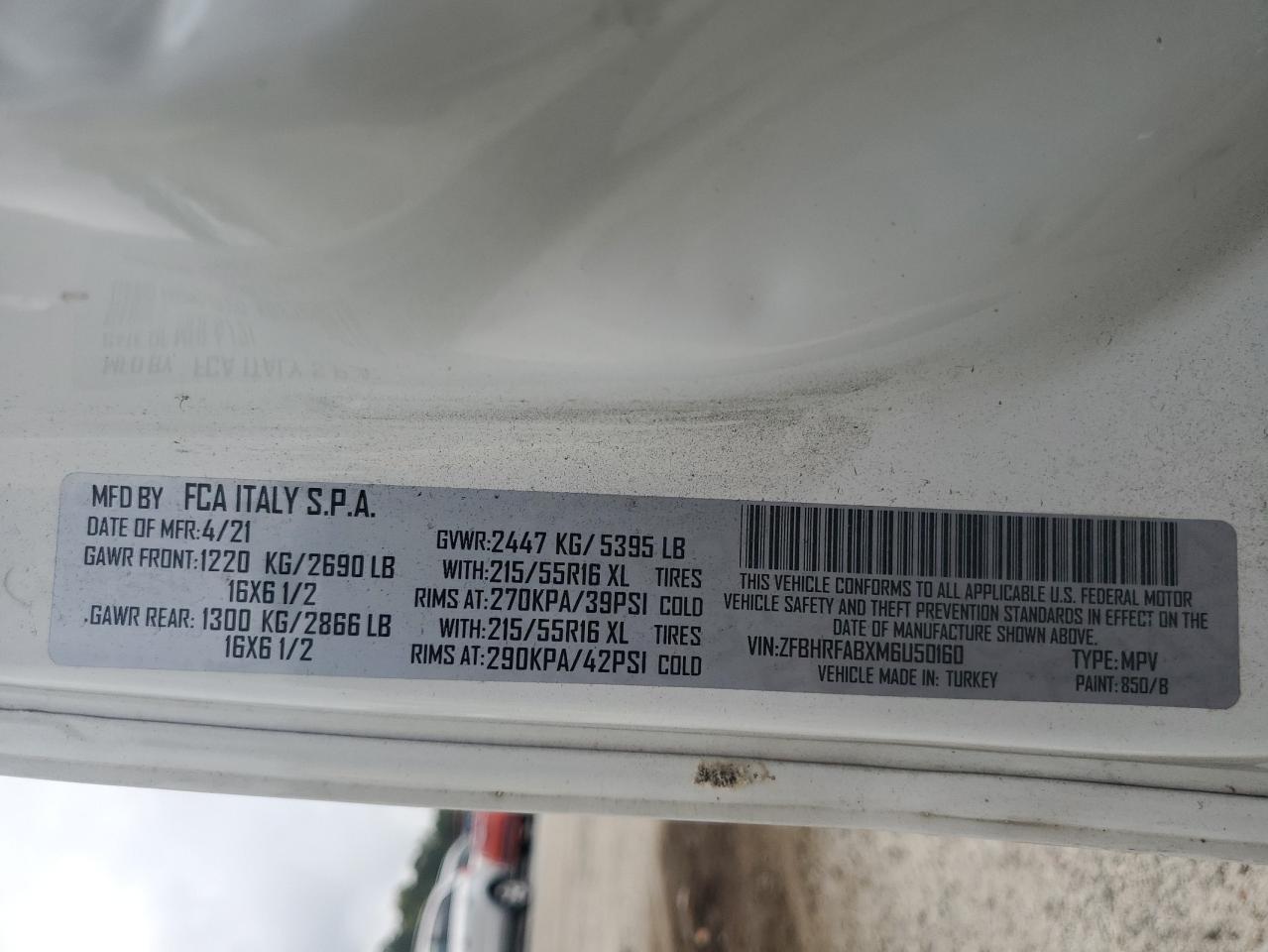 2021 Ram Promaster City VIN: ZFBHRFABXM6U50160 Lot: 81633215