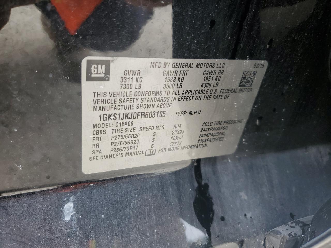 2015 GMC Yukon Xl Denali VIN: 1GKS1JKJ0FR603105 Lot: 84016615