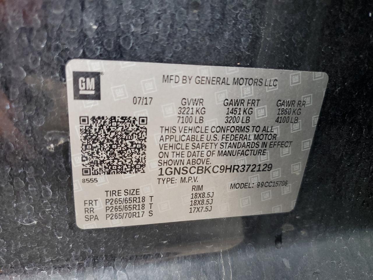 2017 Chevrolet Tahoe C1500 Lt VIN: 1GNSCBKC9HR372129 Lot: 69759165